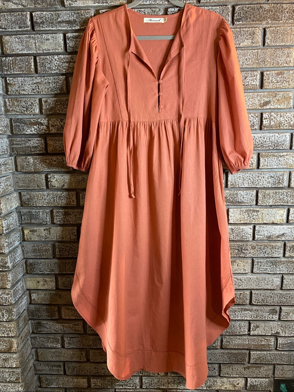 Mamoosh Boho Relaxed Terra-Cotta Rose Midi Dress with pocket.  Cotton-Linen